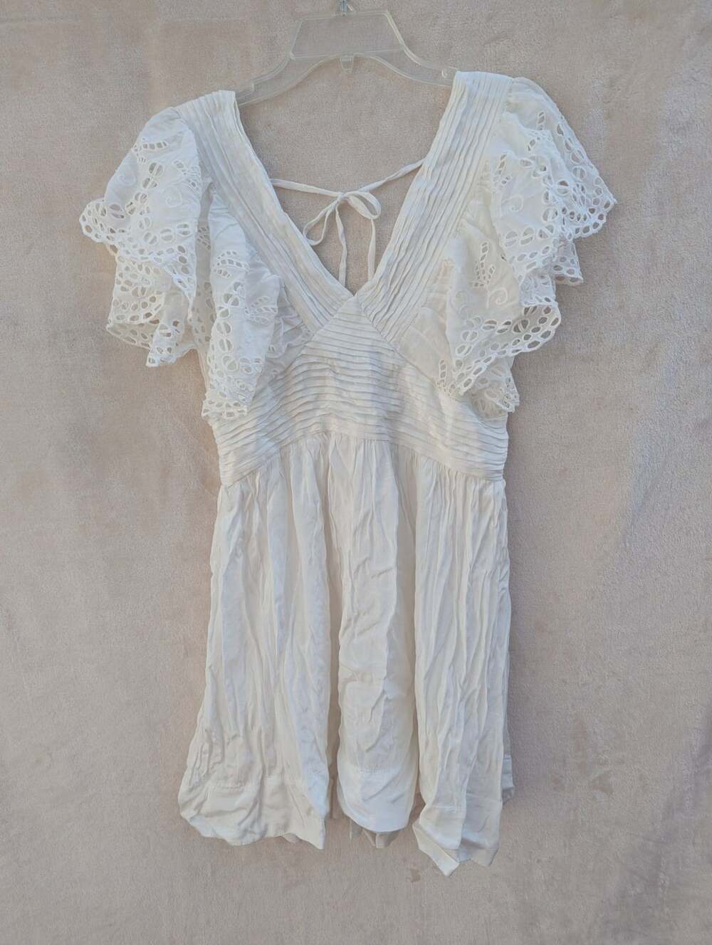 Anthropologie White Eyelet Flutter-Sleeve V-Neck Mini Dress